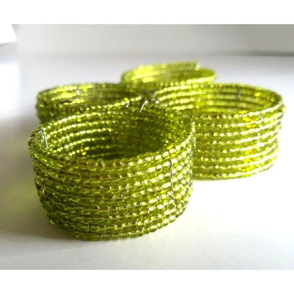 Vintage French Handmade Micro Beaded Napkin Rings set of 4  Lime Green Coiled